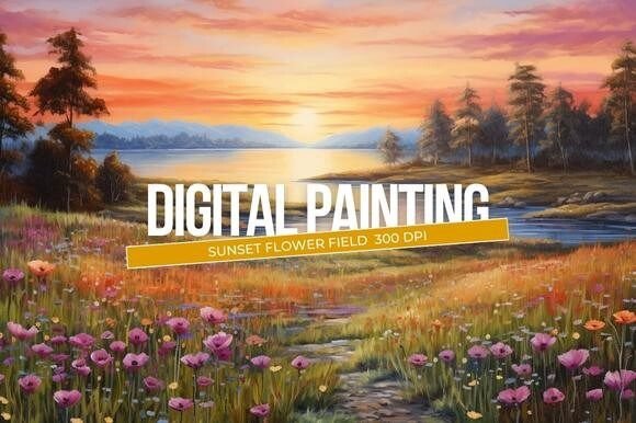 Download Sunset Flower Field Digital Painting - Paint Collection